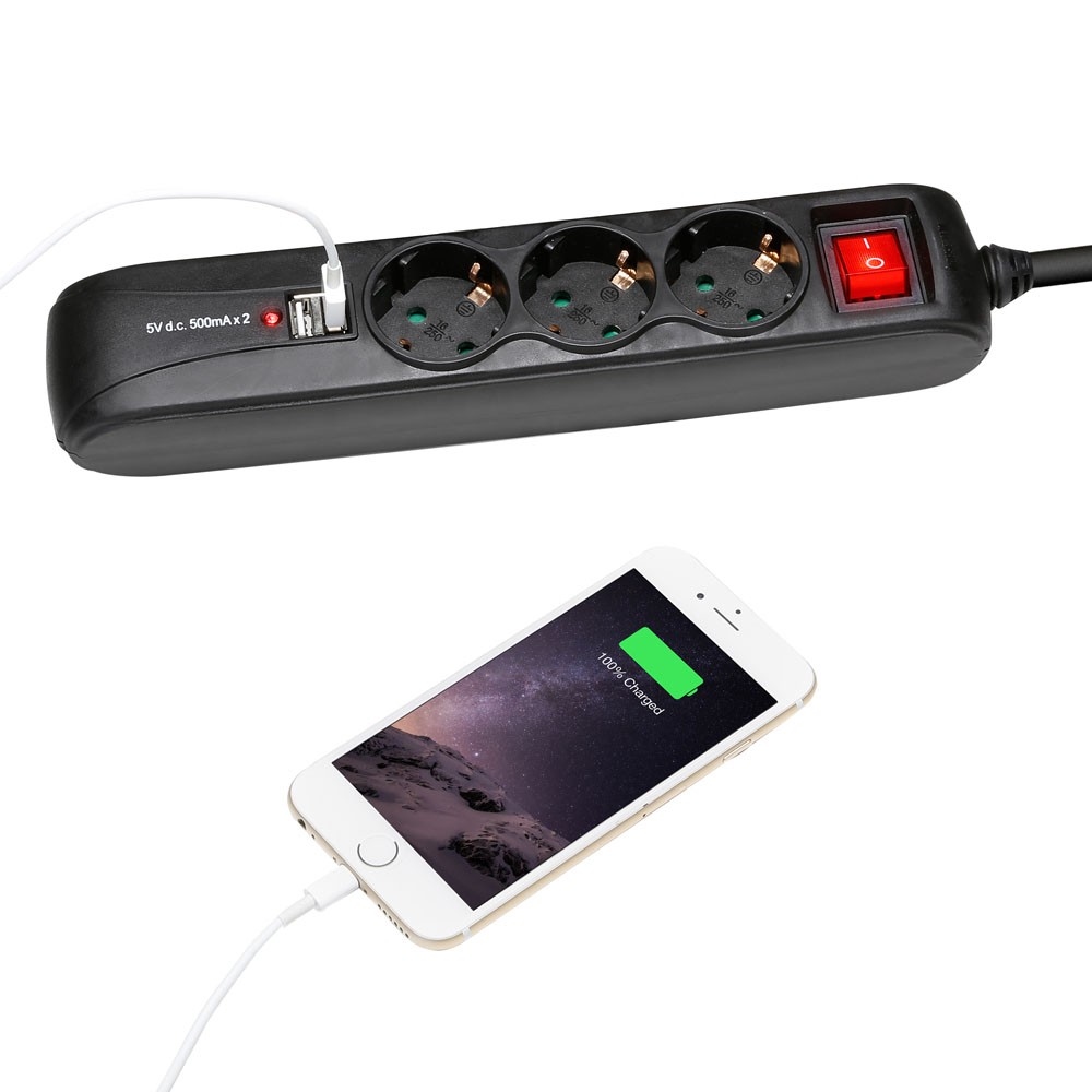 3-voudig Stekkerblok met schakelaar en 2x USB 1.4m